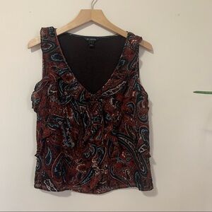St John Sleeveless Paisley Silk‎ Blend V Neck Ruffle Blouse Top M